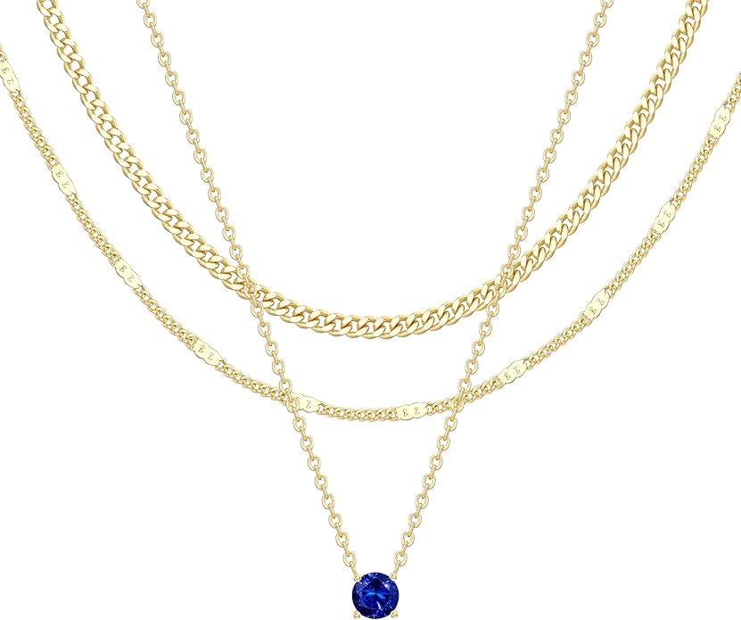WomenGifts Layered Gold Necklaces for Women, 14K Gold Sterling Silver Plated Dainty Pendant Necklace Set with Cubic Zirconia Circle, Chunky Stackable Cuban Chain Choker, Trendy Personalized Birthstone Jewelry Gift Non Tarnish