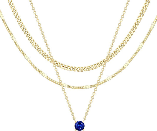 WomenGifts Layered Gold Necklaces for Women, 14K Gold Sterling Silver Plated Dainty Pendant Necklace Set with Cubic Zirconia Circle, Chunky Stackable Cuban Chain Choker, Trendy Personalized Birthstone Jewelry Gift Non Tarnish