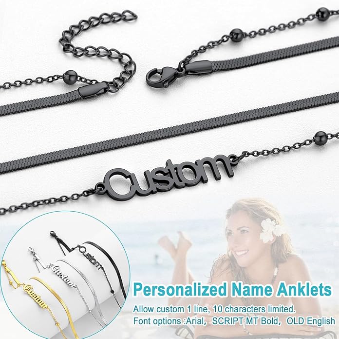 U7 Custom Layered Ankle Bracelets for Women Stainless Steel Bead/Cuban/Figaro/Rope/Wheat Chain Anklet Waterproof Anklet Jewelry for Beach Vacation
