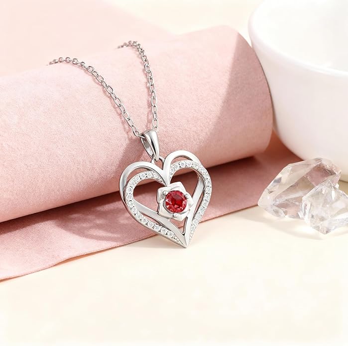 Birthstone Pendant Necklace for Women, Heart Jewelry with Rose Flower Birthday Gift Idea for Wife Girlfriend Mom Friendship on Valentine‘s Day Anniversary Christmas Wedding, 925 Sterling Silver