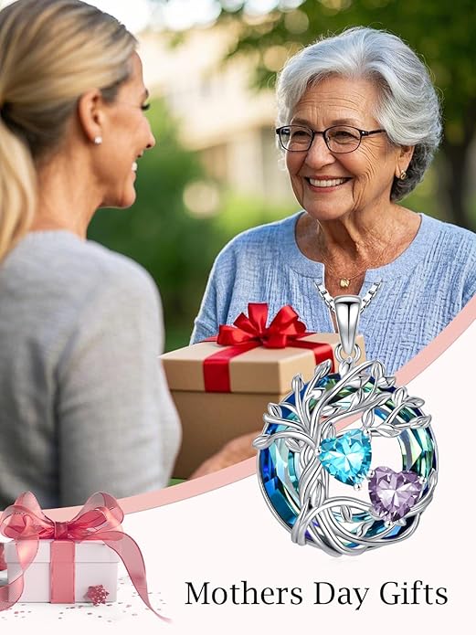 TOUPOP s925 Sterling Silver Family Celtic Tree of Life Pendant Necklaces with 2 Heart Birthstone with Blue Austrian Crystal Jewelry Birthday Anniversary Christmas Gifts for Her Wife Girlfriend Mom (18K Real White Gold Filled)