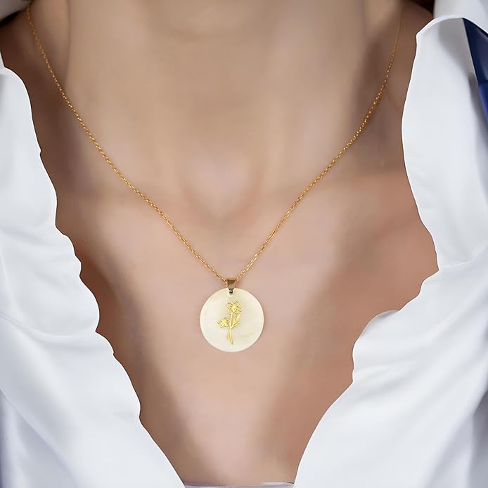 ONTHOLOGIE Birth Month Flower Necklace on Natural Mother of Pearl, 925K Sterling Silver Pendant Birth Flower Necklace, Personalized Birth Month Jewelry, Meaningful Gift for Women