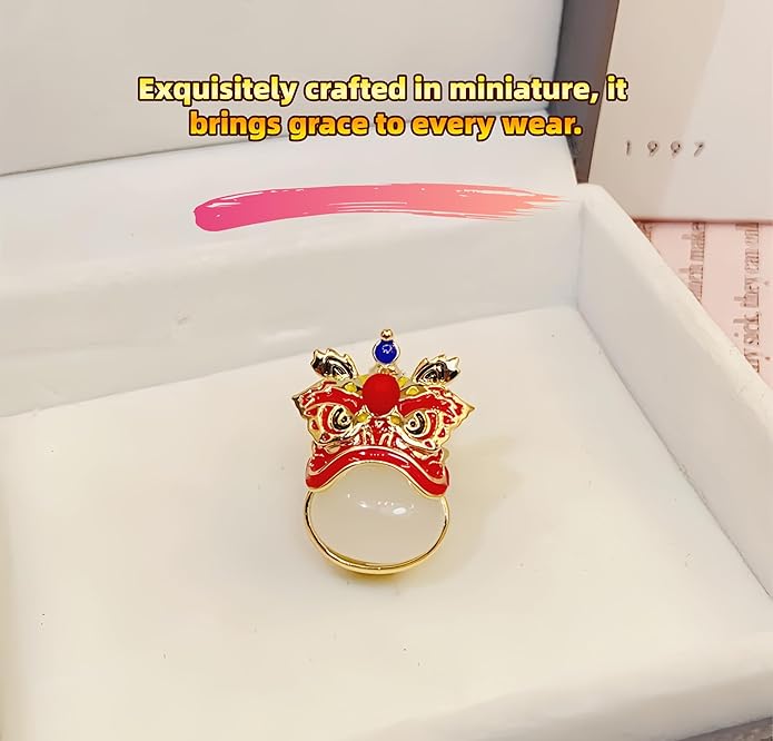 Chinese Lion Dance Brooch, Vintage Enamel Floral & Cat Eye Pearl Adjustable Lapel Pin for Women & Men – Traditional Asian Style Awakening Lion Brooch for Jacket, Blazer, Scarf, Qipao, Wedding, Festival Gift (Gold/Red/Blue)