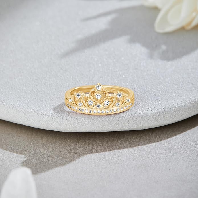 Princess Crown Ring, Round Cut Moissanite, Cubic Zirconia, Lab Grown or Natural Diamond Promise Ring for Women in 14K Gold Plated 925 Sterling Silver Jewelry Gift for Her