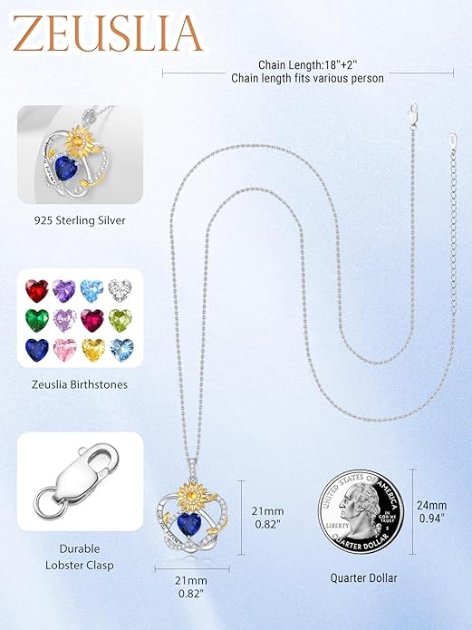 Zeuslia Double Birthstone Necklace Gifts for Wife - 925 Sterling Silver Sunflower/Rose/Crown Cross/Compass/Heart Pendant I Love You Necklace, Anniversary Birthday Gifts for Wife Girlfriend Mom Her