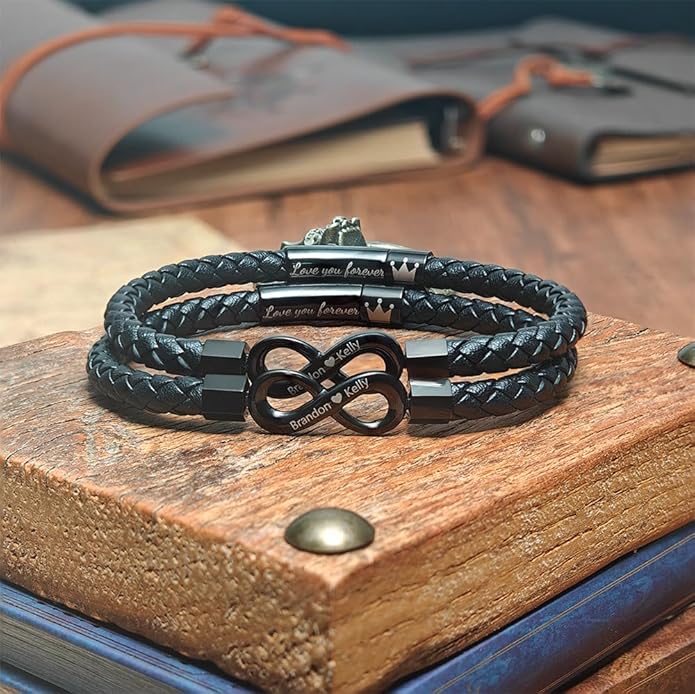 To My Man, Personalized Dual Name Infinity Leather Bracelet, Custom Name Text and Symbol Stainless Steel Braided Bracelet for Men/Women, for Xmas, Birthday, Anniversary, Valentine