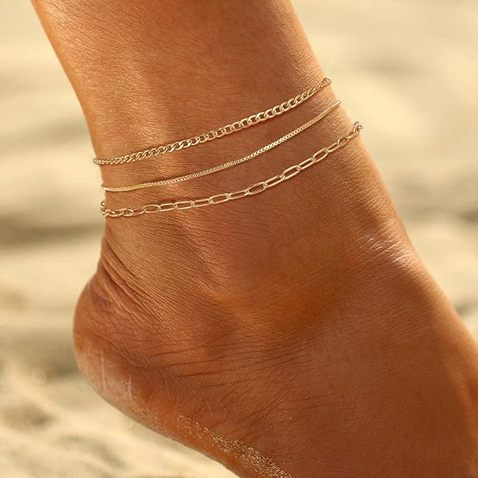 Ritach Ankle Bracelets for Women - Silver/Gold Plated Stainless Steel Anklets for Women Waterproof Layered Cuban Link Figaro Chain Heart Anklets Set Summer Beach Jewelry Gifts