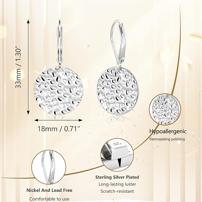 ALEXCRAFT 925 Sterling Silver Dangle Earrings for Women, 14K Gold Plated Geometric Flat Round Disc Hammered Coin Drop Earring Hypoallergenic Lightweight Leverback Earrings for Women Trendy Jewelry