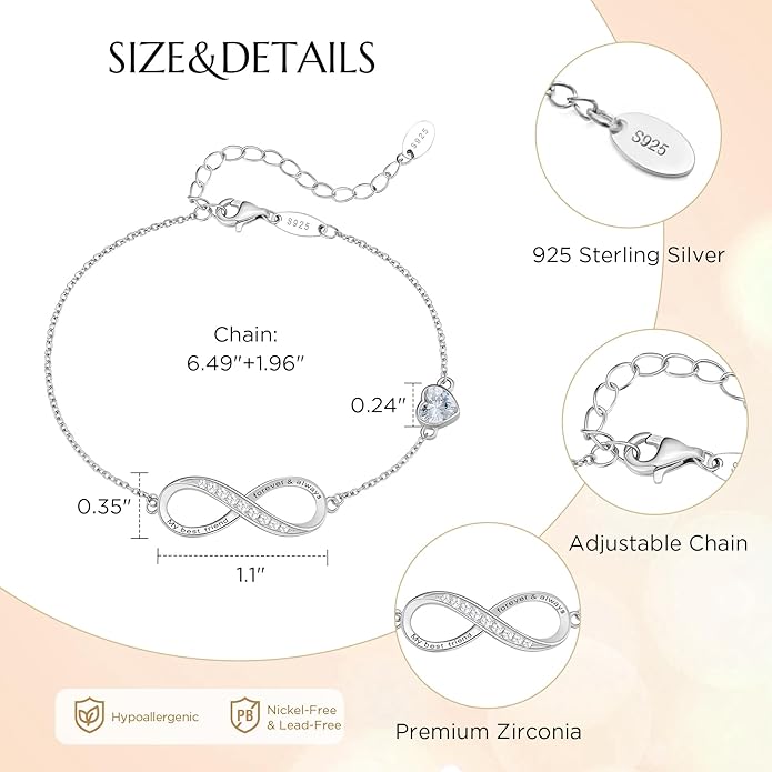 NORBU S925 Infinity Bracelets for Women, Sterling Silver Womens Infinity Heart Birthstone Link Charm Bracelet, Jewelry Gifts for Her Christmas Birthday Valentine Mother's Day