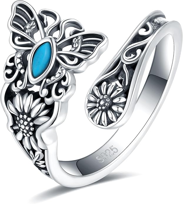 S925-Sterling-Silver Abalone Dragonfly-Turquoise Spoon Ring - Vintage Boho Sunflower Thumb Oxidized Wrap Rings Victorian Style Antique Floral Jewelry Gifts for Women
