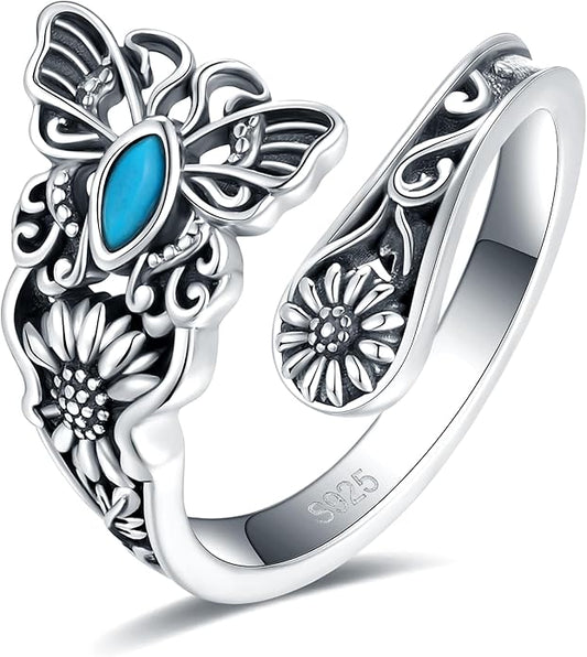 S925-Sterling-Silver Abalone Dragonfly-Turquoise Spoon Ring - Vintage Boho Sunflower Thumb Oxidized Wrap Rings Victorian Style Antique Floral Jewelry Gifts for Women