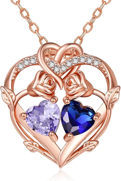 Rose Gold Necklaces for Women Double Birthstone Rose Flower Heart Pendant Necklace Jewelry Anniversary Christmas Valentine's Mother's Day Birthday Gift for Wife Mom Her Girlfriend Sister