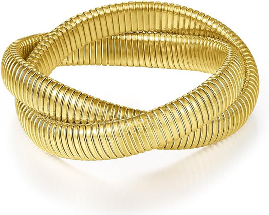 Emibele Gold Bangles Bracelet Set for Women, 18K Gold Plated Chunky Stainless Steel Non Tarnish Stretch Bracelet Stack, Flexible Wide Wristband Bangle Layered Snake Chain Bracelets