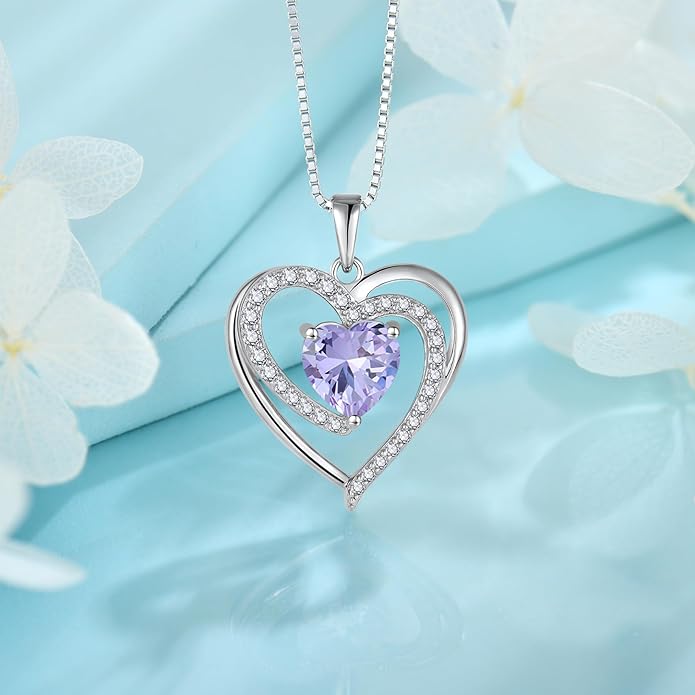 FJ Love Heart Necklace for Women 925 Sterling Silver Birthstone Pendant Anniversary Birthday Jewelry
