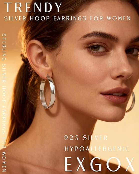 EXGOX 5mm Wide Gold Hoop Earrings for Women,Sterling Silver Hoop Earrings Large Silver Hoop Earrings Hypoallergenic Lightweight 14K Real Gold Plated Big Hoop Earrings for Women 30/40/50/60/70mm