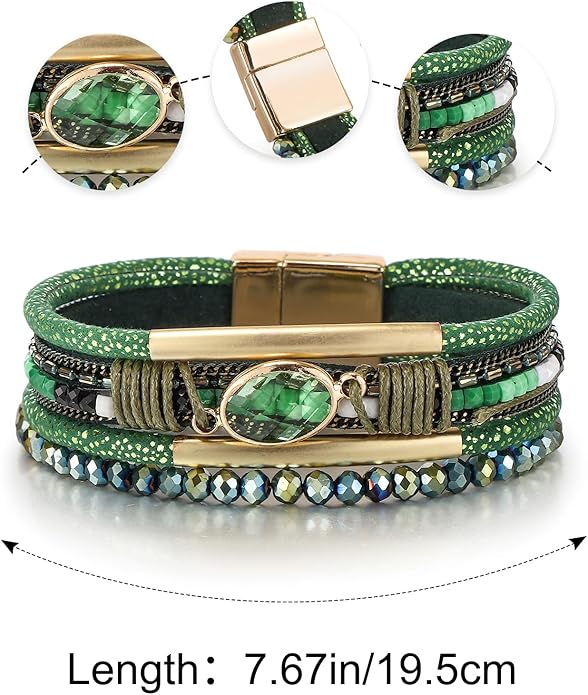 Edoneery Leather Wrap Bracelet for Women, Boho Handmade Multi-Layer Cuff with Crystal Beads Heart, Stackable Bangle Western Jewelry Gift