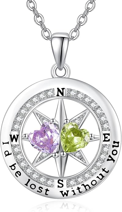 JIYVY32 Compass Birthstones Necklace for Women, Exquisite S925 Necklace Anniversary Birthday Gifts for Wife Her Double Birthstone Pendant jewelry ‘I'd be Lost Without You’
