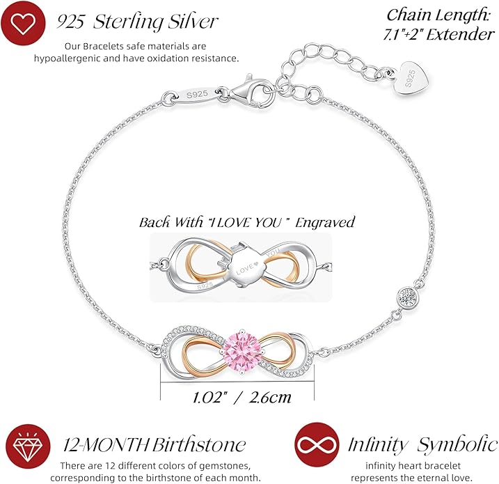 LOUISA SECRET Rose Gold Infinity Heart Bracelet for Women, Adjustable Chain 925 Sterling Silver Link Birthstone Bracelets, Best Anniversary Birthday Jewelry Gifts for Women Mom Wife Her