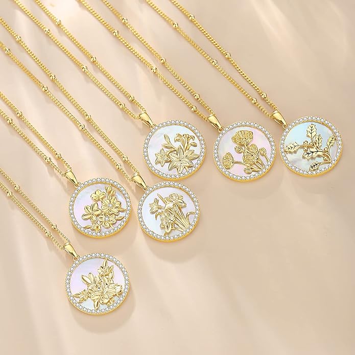 AGVANA Valentines Day Gifts Sterling Silver Birth Flower Necklace for Women Genuine Mother of Pearl CZ Round Disc Pendant Necklace Fine Jewelry Anniversary Birthday Gifts for Women Wife Mom Her