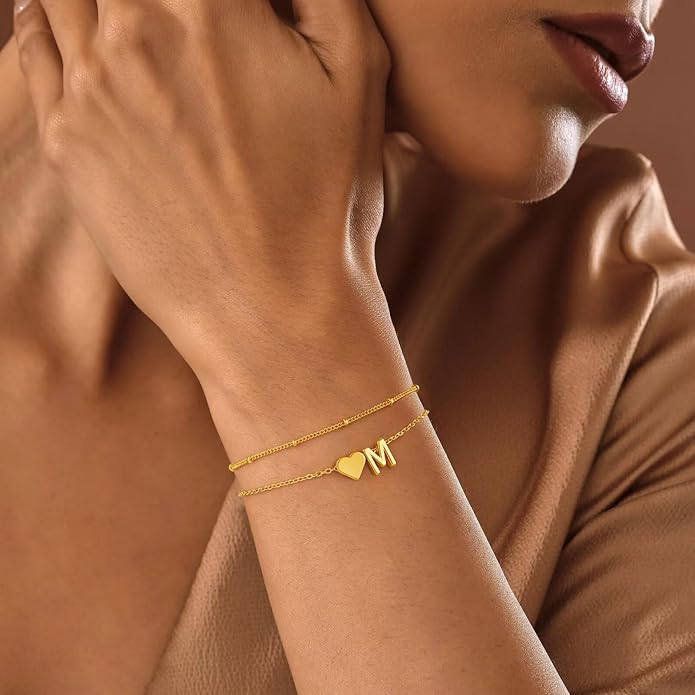 M MOOHAM Christmas Gifts for Grandkids Teens Girls -14K-Gold-Plated Heart Initial Bracelets for Women Girl Dainty Gold Bracelets Birthday Gift Stocking Stuffers for Women Teenage Girls Kids Gifts