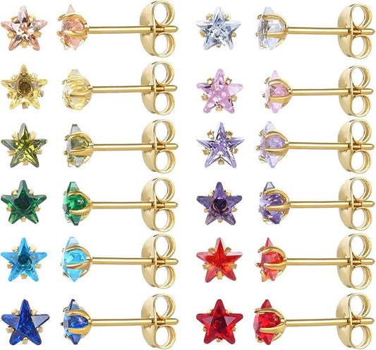 12 Pairs 18K Gold Plated Surgical Stainless Steel Stud Earrings, Star Heart Square Stud Earring for Women, Cubic Zirconia Birthstone Stud Earrings Set