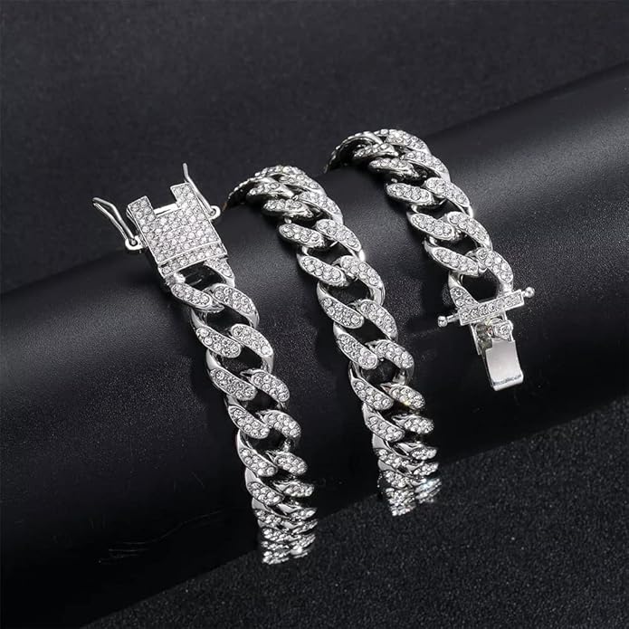 EMESLY Miami Cuban Link Chain 14K Gold Plated Necklace (16, 18, 20, 22, 24, 30 Inches Length); Hip Hop Bracelet (8" Length) for Men & Women; Perfect Iced Out Bling Jewelry Gift