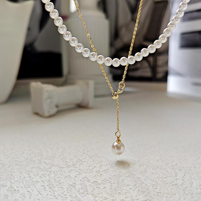 Zeffy Gold Pearl Necklace for Women, Dainty 14K Gold/Silve Plated Layered Pearl Choker Pearl Earrings Pearl Bracelets Wedding Trendy Gold Jewelry Set for Women Gifts