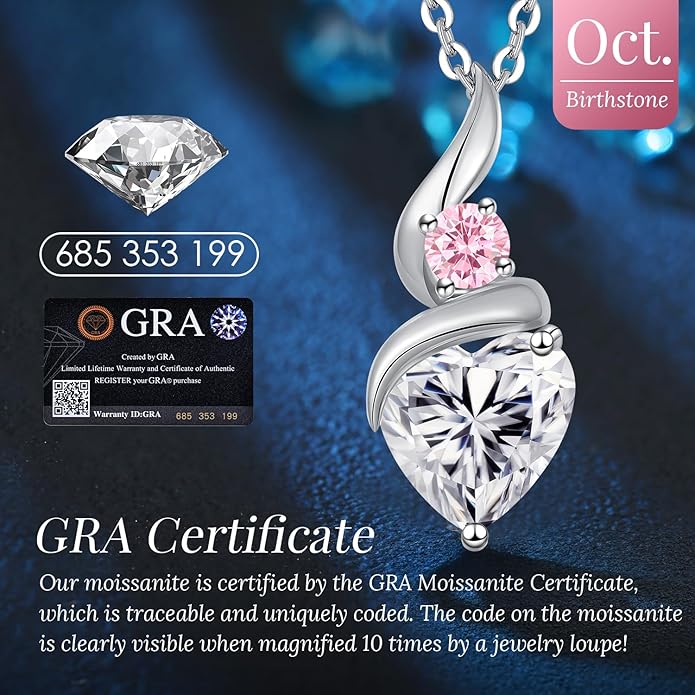 Moissanite Heart Pendant Necklaces for Women, 925 Sterling Silver Necklace with Birthstone, Ideal Anniversary Present or Birthday Christmas Valentine Mothers Day Jewelry Gifts for Mom Wife Her Girlfriend