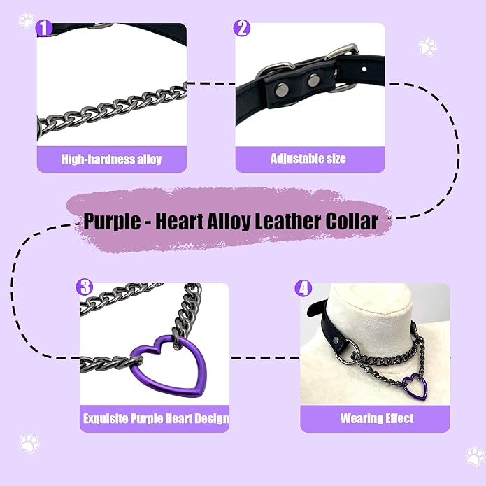 Black Leather Choker Collar For Women, Handmade Heart Slip Chain Choker Long Necklace with Adjustable Buckle