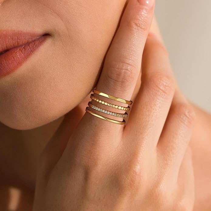 Lunvky Gold Silver Stackable Rings for Women Non Tarnish 1.3mm Thin Silver Rings Set 14K Gold Plated Dainty Trendy Band Stacking Thumb Ring Jewelry Valentine Gifts Stuff Size 5-10