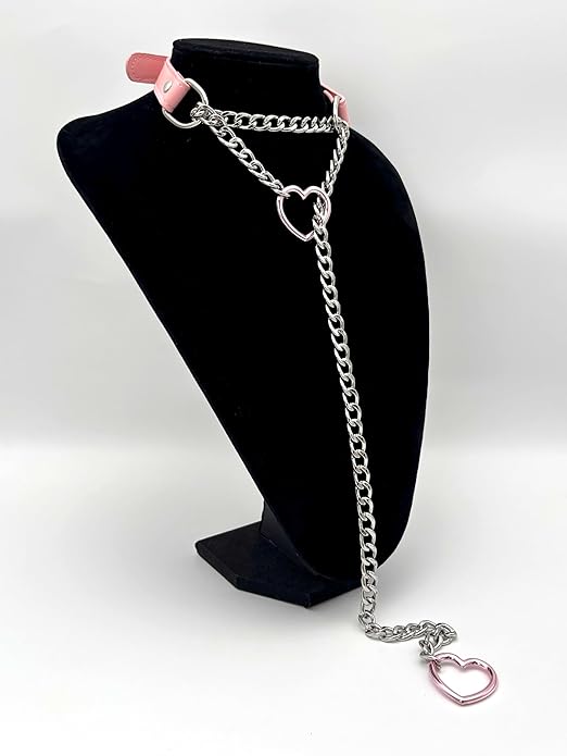 Black Leather Choker Collar For Women, Handmade Heart Slip Chain Choker Long Necklace with Adjustable Buckle