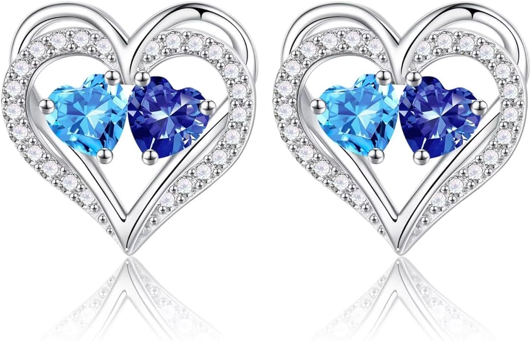 Iefil Birthstone Earrings for Women - 925 Sterling Silver Heart Earrings Anniversary Birthday Gifts for Women Wife Girlfriend Mom