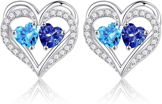Iefil Birthstone Earrings for Women - 925 Sterling Silver Heart Earrings Anniversary Birthday Gifts for Women Wife Girlfriend Mom