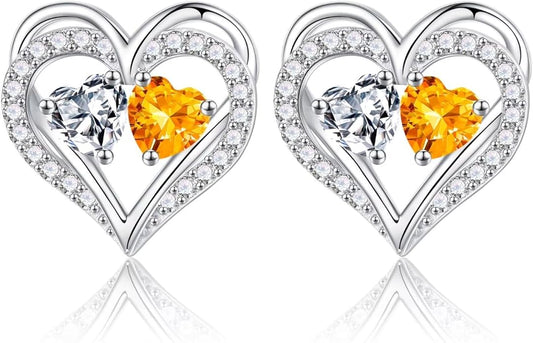 Iefil Birthstone Earrings for Women - 925 Sterling Silver Heart Earrings Anniversary Birthday Gifts for Women Wife Girlfriend Mom