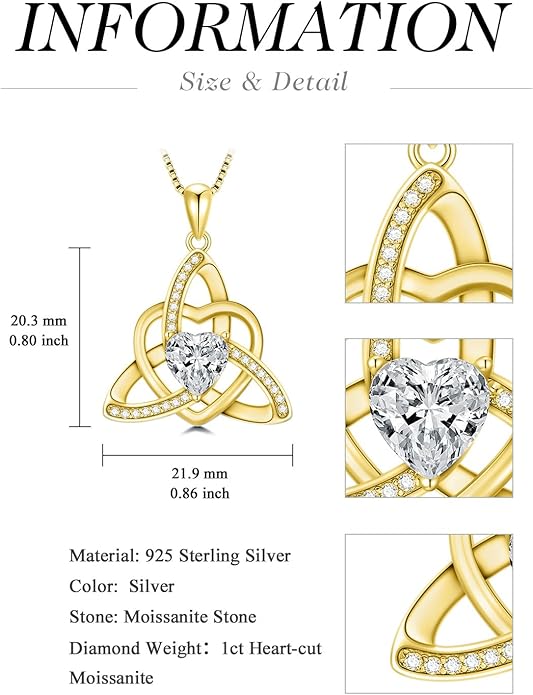 1CT Heart Moissanite Celtic Knot Necklace for Women, 925 Sterling Silver Diamond Trinity Knot Celtic Pendant Necklace Irish Jewelry, Birthday Christmas Valentines Day Gift for Her Wife Mom, 18+2 Inch