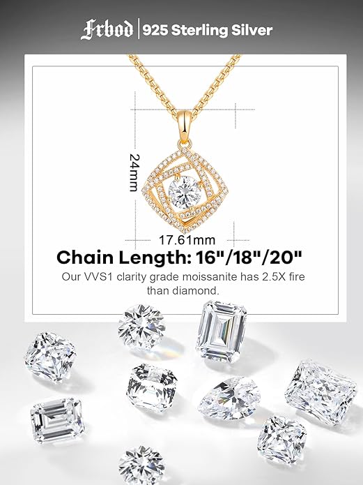D Color 0.53ct/1.24ct/1.72ct/1.2ct Moissanite Necklace for Women Men, 925 Sterling Silver Chunky Circle/Triangle/Square Pendant, Birthday Christmas Valentines Jewelry, 16-20 Inch Box Chain Adjustable