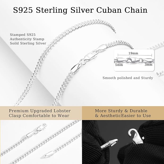 3mm Cuban Link Chains for Women Men, s925 Sterling Silver Plated Necklace Curb Chain 14, 16, 18, 20, 22, 24 Inch