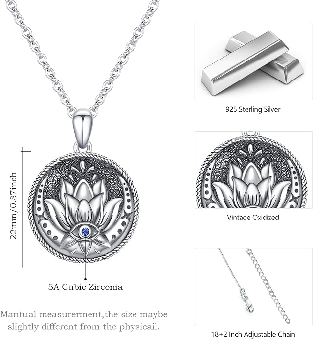 Evil Eye Necklace Sterling Silver Lotus Necklaces Evil Eye Pendant Spiritual Protection Amulet Jewelry Birthday Mother Gifts for Women Men
