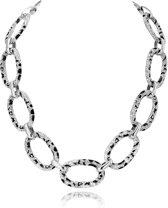Chunky Chain Necklace Geometric Links Collar Necklace, Animal Prints Black and White Enamelled with Rhinestone Embellished Details Women Gifts