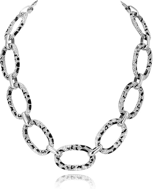 Chunky Chain Necklace Geometric Links Collar Necklace, Animal Prints Black and White Enamelled with Rhinestone Embellished Details Women Gifts