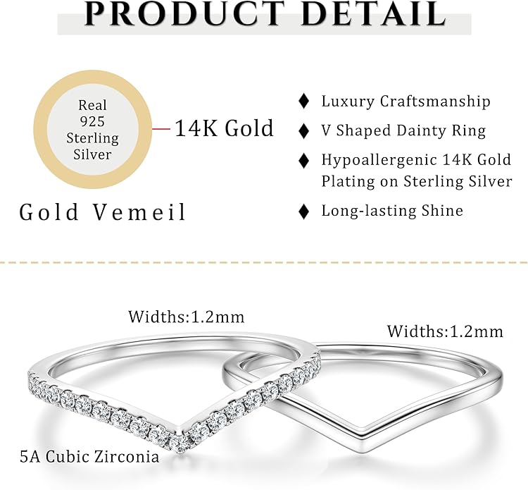 Dochais 2PCS Silver Rings for Women 925 Sterling Silver 14k Gold Plated Wishbone Ring Non Tarnish Wedding Bands Stackable Dainty V Shaped Rings CZ Wedding Rings Promise Ring Engagement 5-10