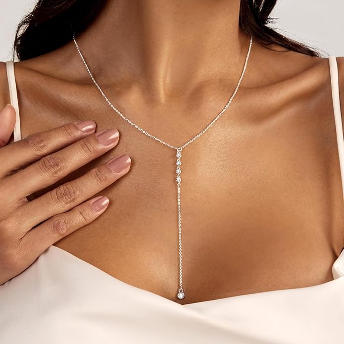 Lariat Silver/Gold Necklace for Women 925 Silver/14K Gold Plated Dainty Long Necklace Y-Shaped Drop Pendant Necklaces Choker Trendy Chain Simple Layered Necklaces CZ Jewelry for Women Set Gift