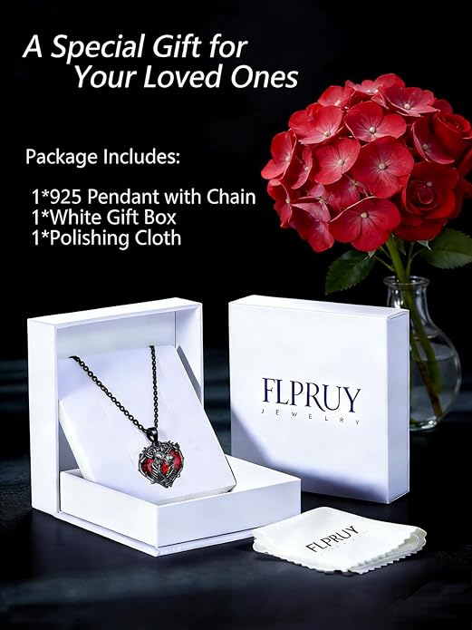 Flpruy 925 Sterling Silver Black Gothic Jewelry Gifts Skeleton Couple Pendant Crystal Birthstone Heart Necklace Punk Romantic Jewelry for Lover Men Women