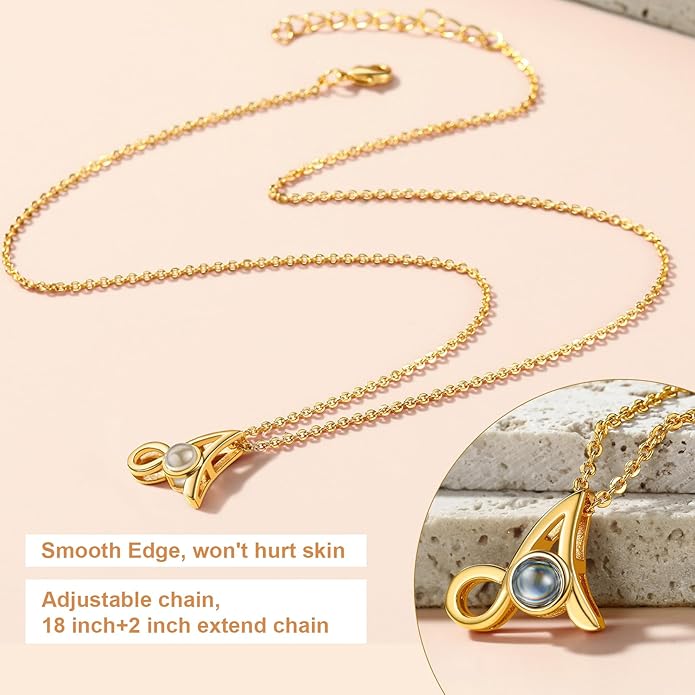 Custom4U Personalized Initial Picture Necklace for Women, Projection Necklace with Picture Inside, Gold/Silver Letter Pendant Necklace, Custom Photo Gifts for Mom Wife Birthday Valentines