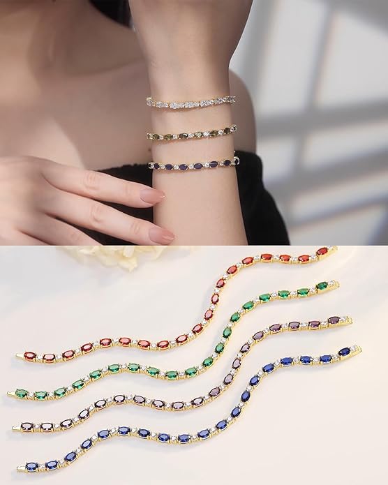 FANCIME 14K Gold Plated Birthstone Bracelets 4mm Sterling Silver Tennis Bracelets Gold Bracelets Birthday Jewelry Gifts for Women 7"