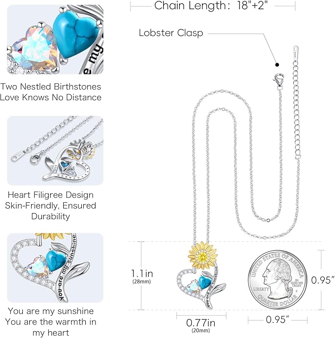 PERJI Valentine's Day Gifts for Women - 925 Sterling Silver Double Birthstone Sunflower Necklace, Anniversary Birthday Jewelry You are My Sunshine Gifts for Wife Couple Girlfriend 18"+2" Non Tarnish