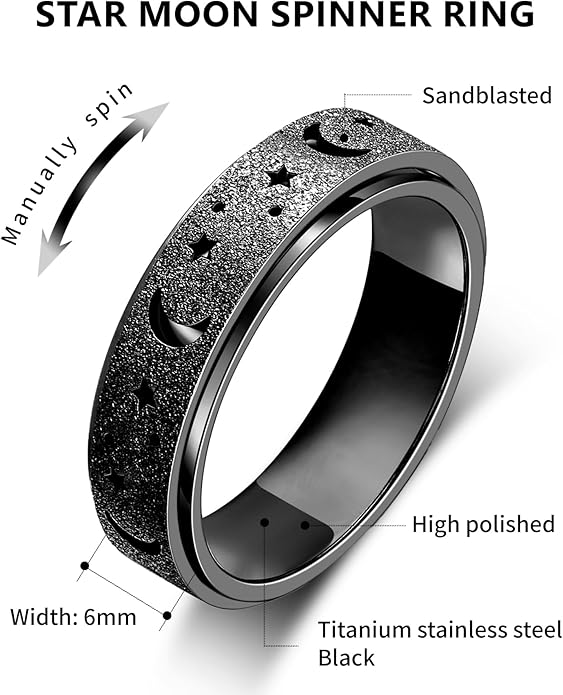 AmorArtSky Anxiety Ring for Women Men, Titanium Stainless Steel Spinner Ring, 5 Colors, 6MM, Size 6-10, 3 Styles Anxiety Ring-Moon Star, Sandblasted Finished, Hollow Outer