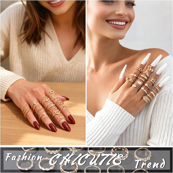 CHICUTIE Gold Knuckle Rings Set For Women Stackable Joint Finger Midi Rings Dainty Cubic Crystal Zirconia Simple Hollow Twist Cute Rings Pack Jewelry Gift