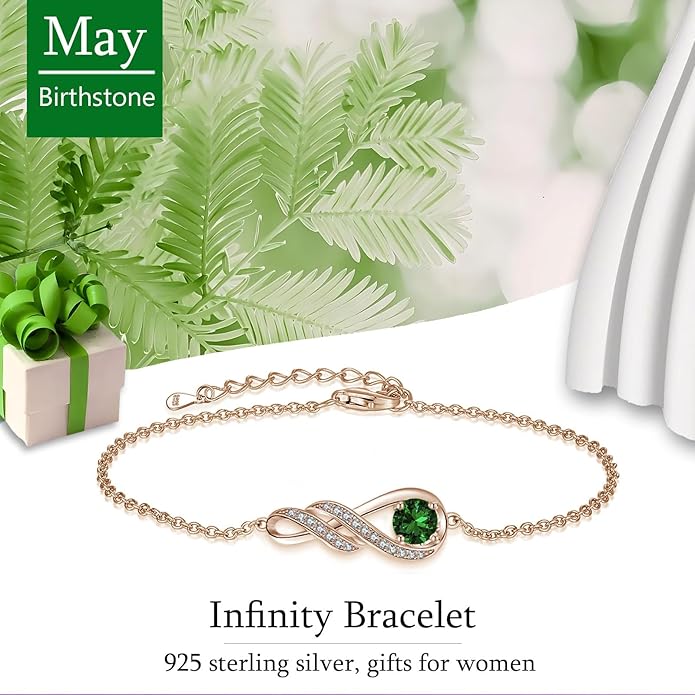 Birthstone Bracelets for Women 925 Sterling Silver Created Gemstone Bracelet Infinity Pendant Jewelry for Her, 6.7"+1.2"