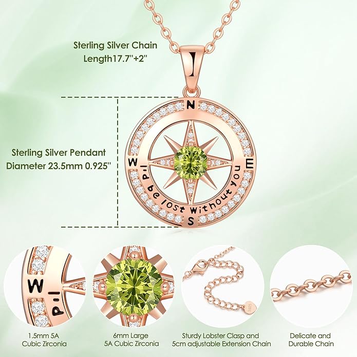Zifeel Compass Necklace Gifts for Women wife - S925 Sterling Silver Birthstone Necklaces for Women - Anniversary Birthday Gifts for Her Wife Girlfriend - Valentines Mom Mothers Day Christmas Gifts Jewelry for Women